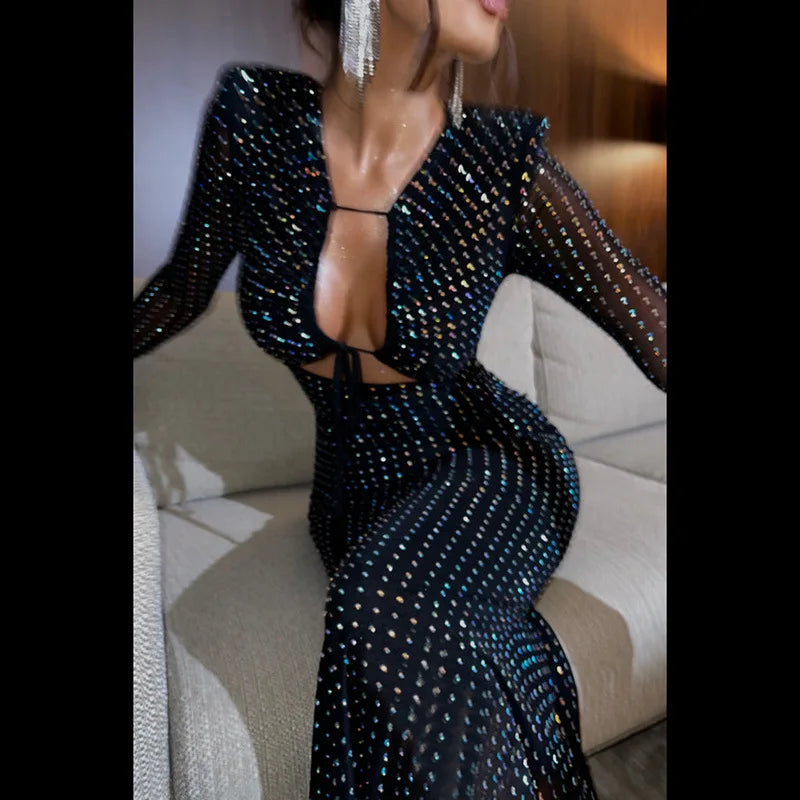 Elegant Sequined Tie Front Maxi Dress for Women.