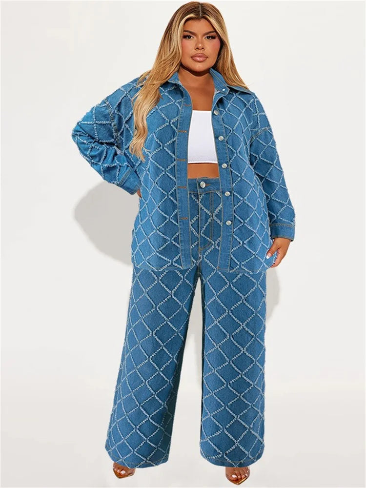 Trendy Plus Size Denim Two Piece Set for Women.