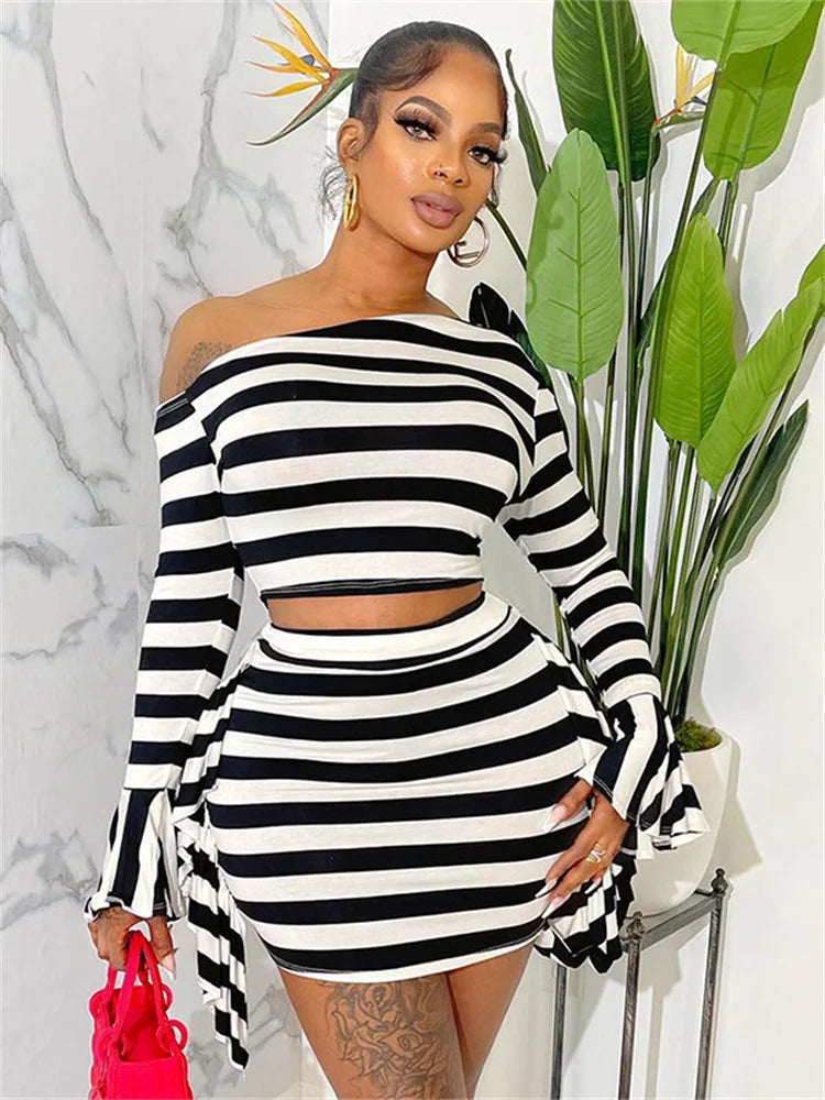 Trendy Y2K Striped Co-ord Set - Flare Sleeve Crop Top & Skirt.