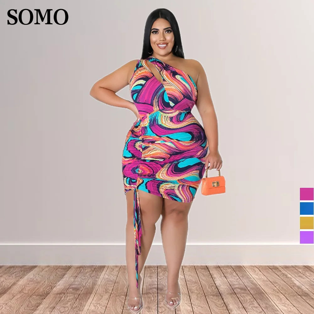 Sexy Plus Size Women Dresses Single Shoulder Hollow Out Mini Dress Drawstring Pleated Fashion Printed.