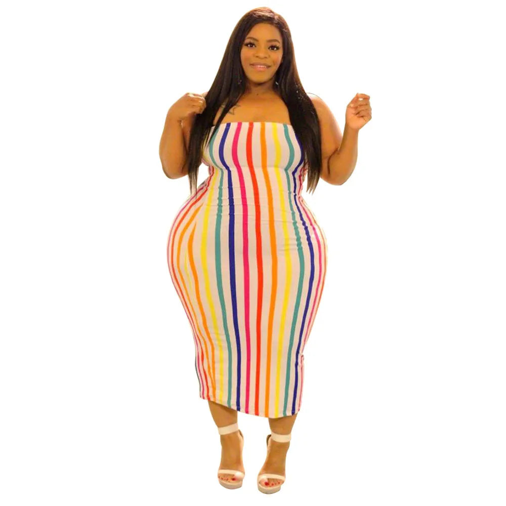 Trendy Plus Size Off Shoulder Rainbow Stripe Dress