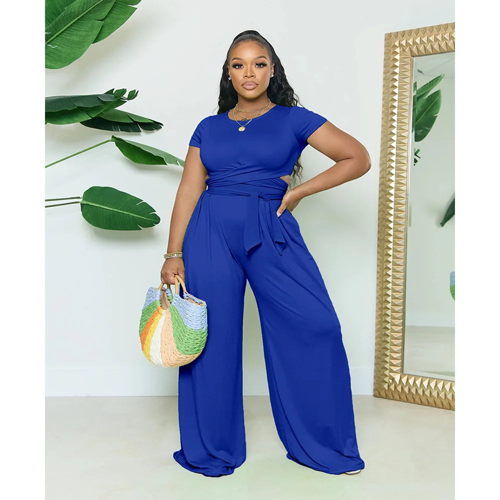 Chic Plus Size Summer Two Piece Set - Short Sleeve & Wide Leg.