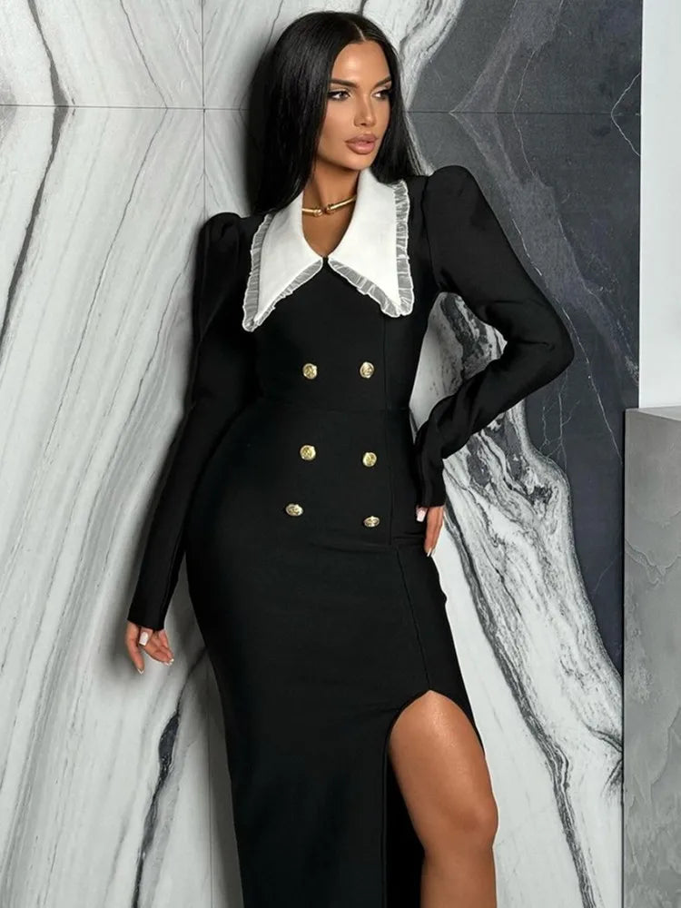 Elegant Celebrity Long Sleeve Black Bodycon Dress.