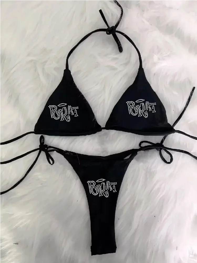 Y2K Punk Grunge Beach Swimsuit Bikini with Rhinestones.