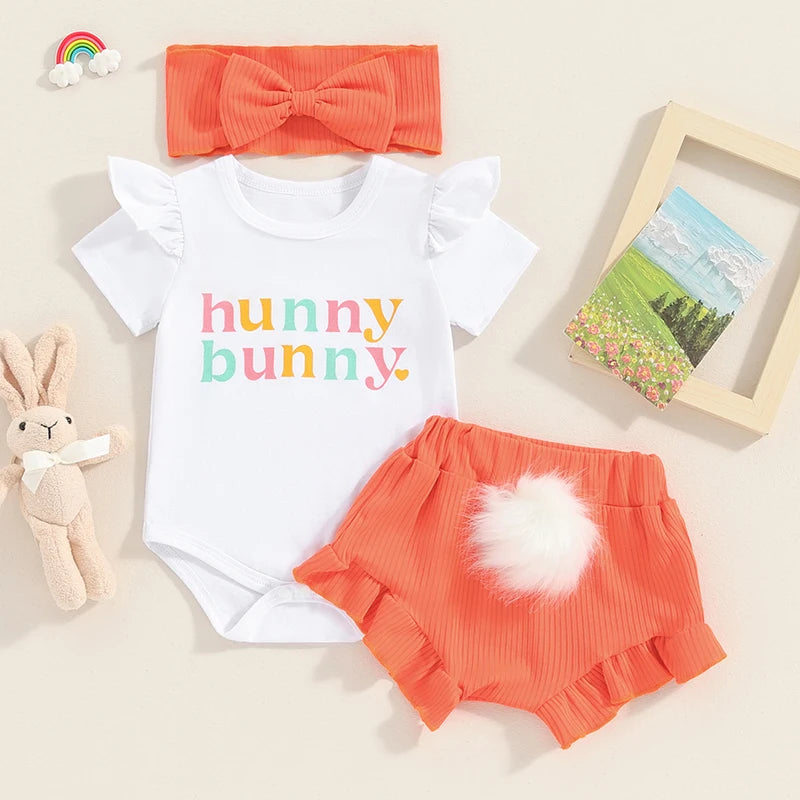 3PCS Baby Girls Easter Outfits Summer Kids Clothing Set Short Sleeve Romper 3D Tail Shorts Headband Toddler Set Infant Clothes.