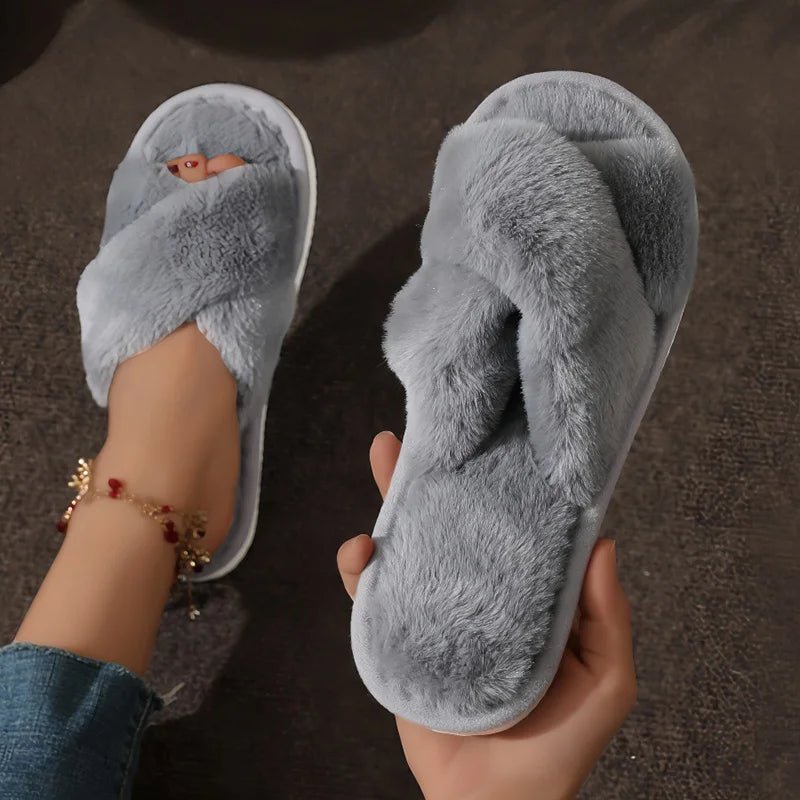 Women’s Fashion Cross Strap Faux Fur Slippers