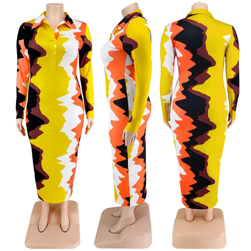 Plus Size Trendy Printed Lapel Maxi Dress.