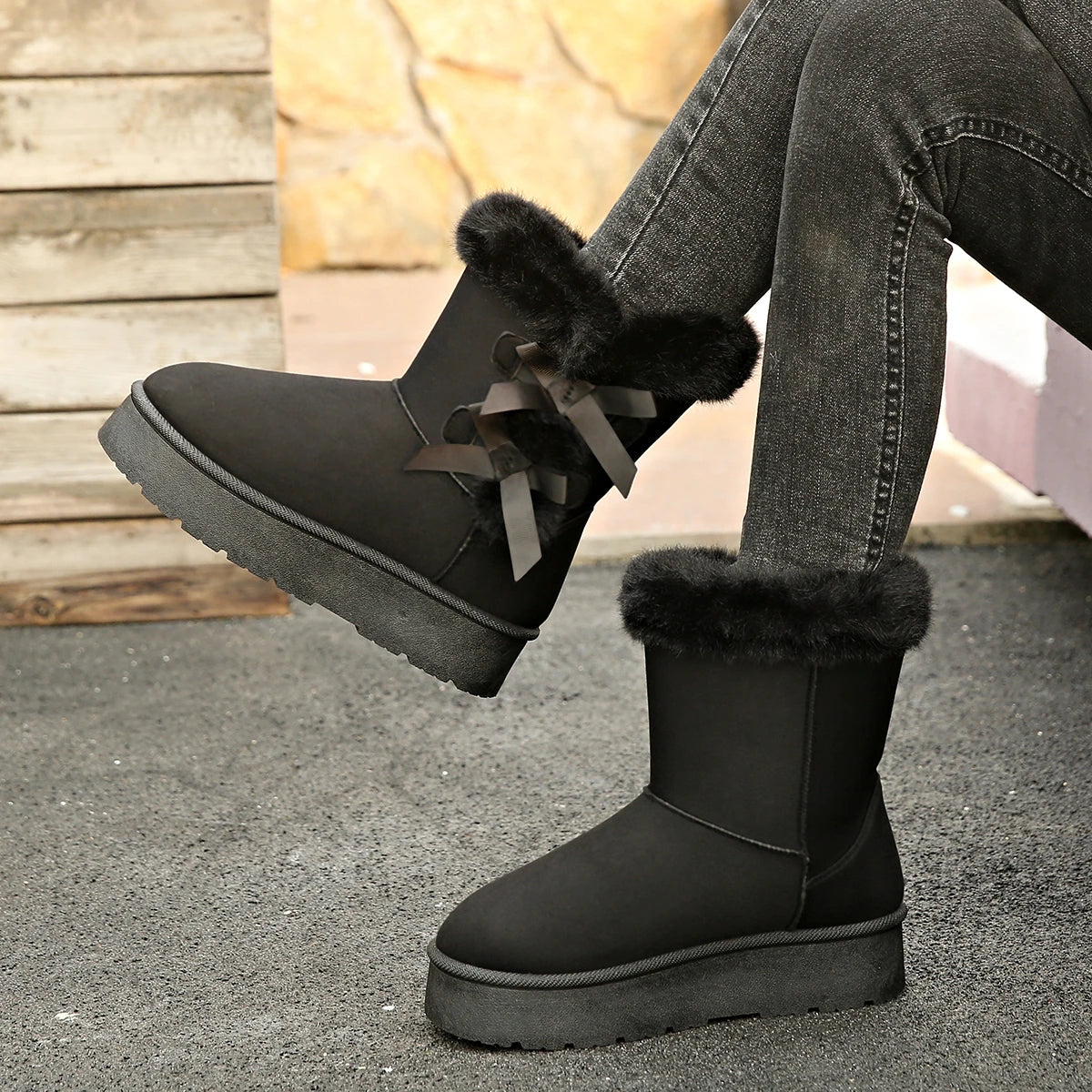 Chic Winter Mid-Calf Bow Knot Boots for Women.