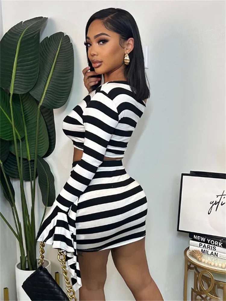 Trendy Y2K Striped Co-ord Set - Flare Sleeve Crop Top & Skirt.