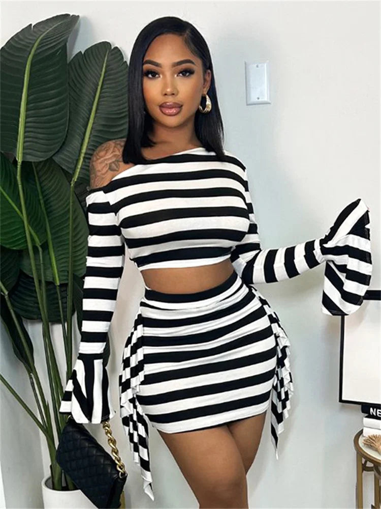 Trendy Y2K Striped Co-ord Set - Flare Sleeve Crop Top & Skirt.