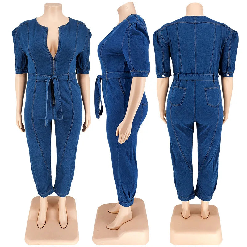 Plus Size Denim Jumpsuit with Zipper & Pockets.