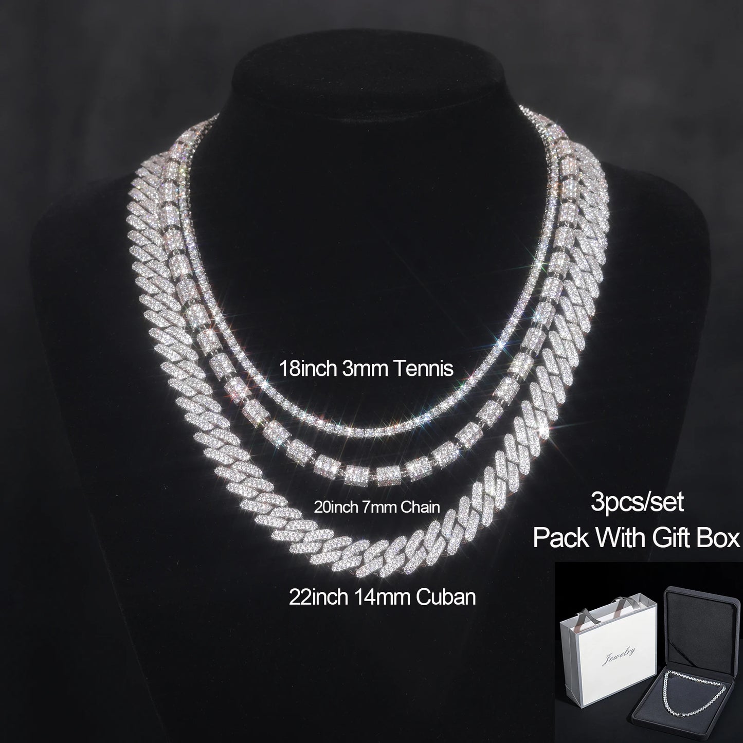 3pcs D VVS Moissanite Necklace Set - 925 Sterling Silver.