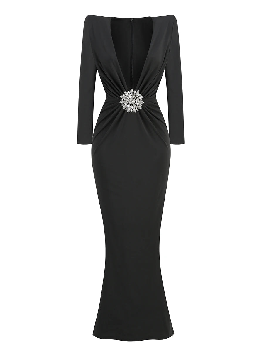 Celebrity Glam Deep V Neck Black Maxi Gown.