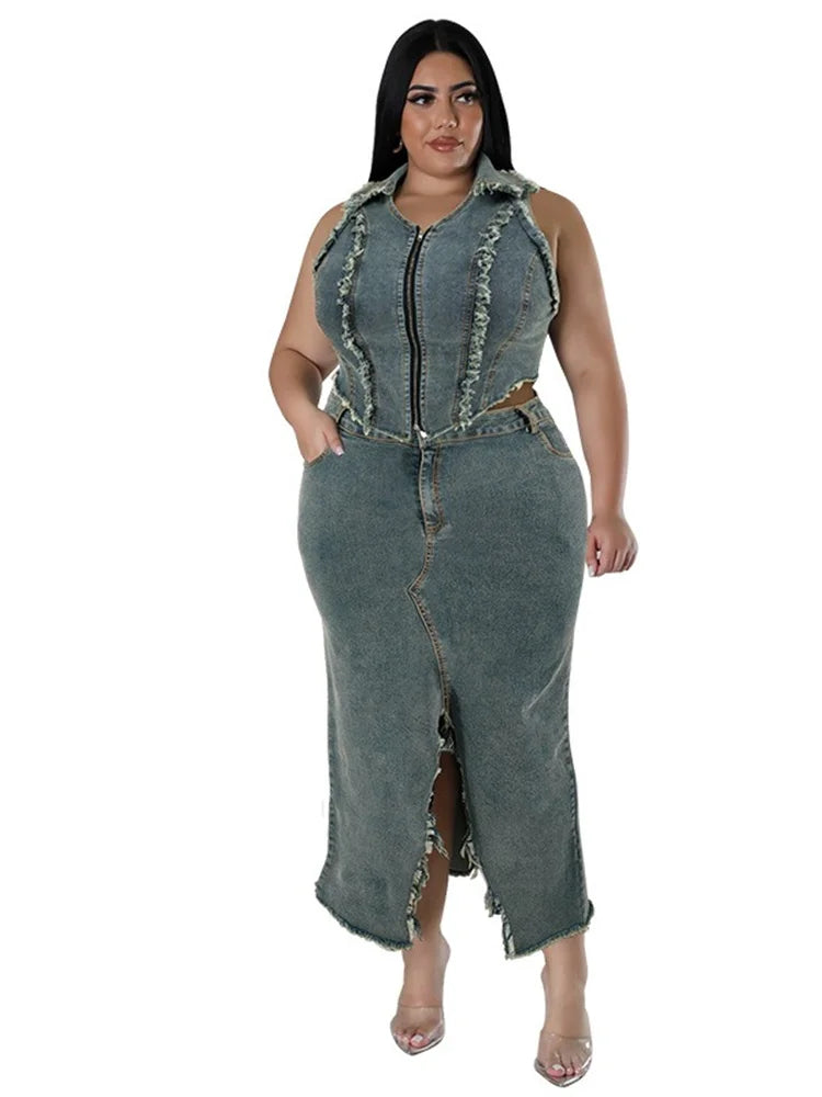 Plus Size Denim Skirt Two Piece Set for Women.