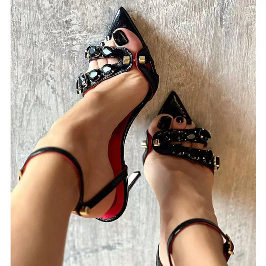 Crystal Pointed Toe High Heels with Buckle Strap.