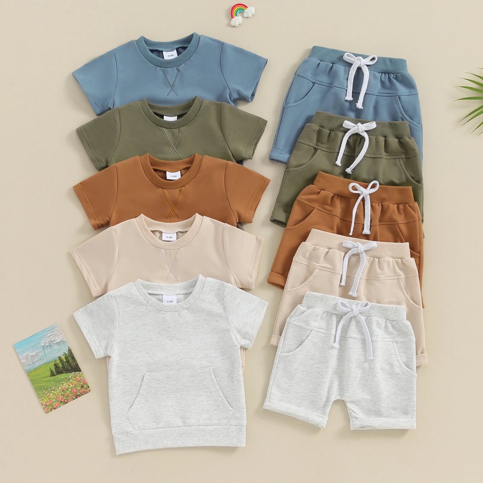 Summer Casual Kids Outfits Baby Boys Clothing Set Solid Color Short Sleeve Pocket T-shirt with Shorts 2PCS Toddler Infant Suit.