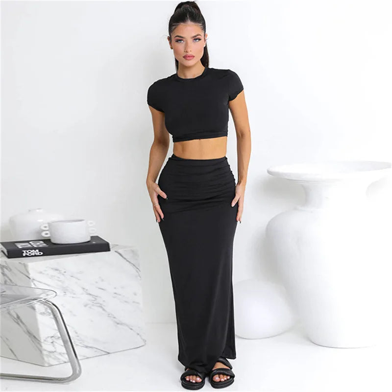 Chic Slim Crop Top & Long Skirt Set for Women.