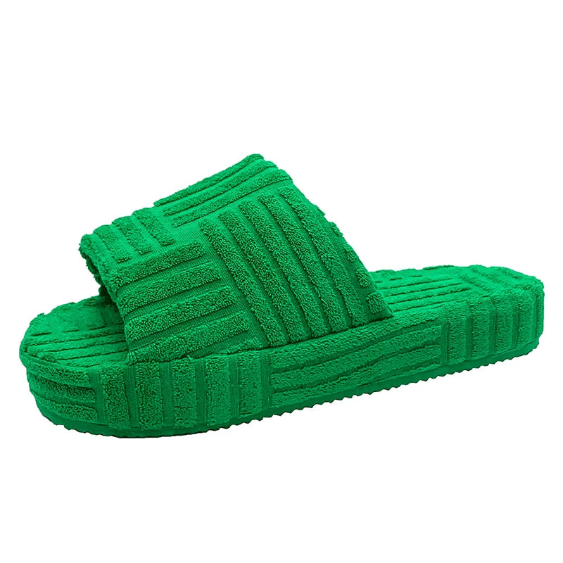 Luxury Green Corduroy Peep Toe Slippers for Women.