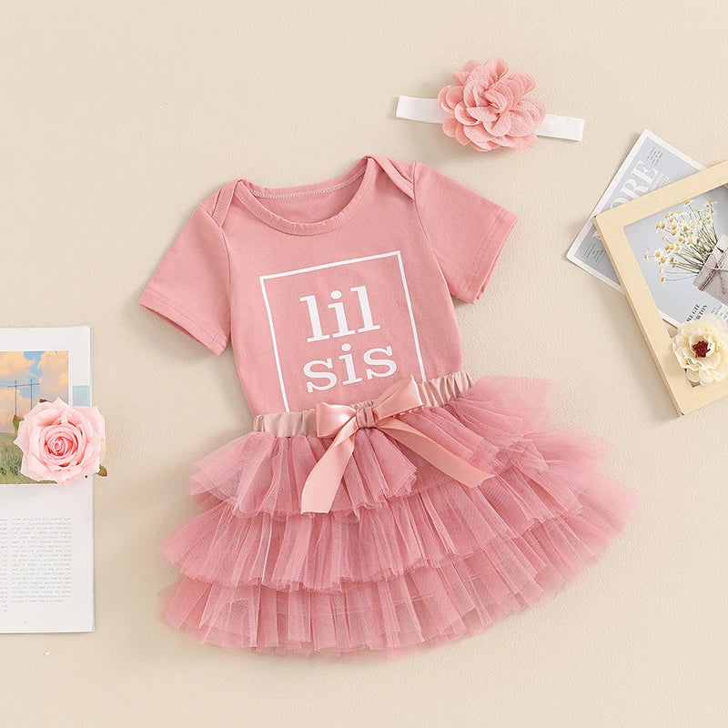 Little Baby Girls Summer Clothes 3PCS Princess Infant Outfits Letters Print Romper with Mesh Tulle Skirts Headband Newborn Suits.