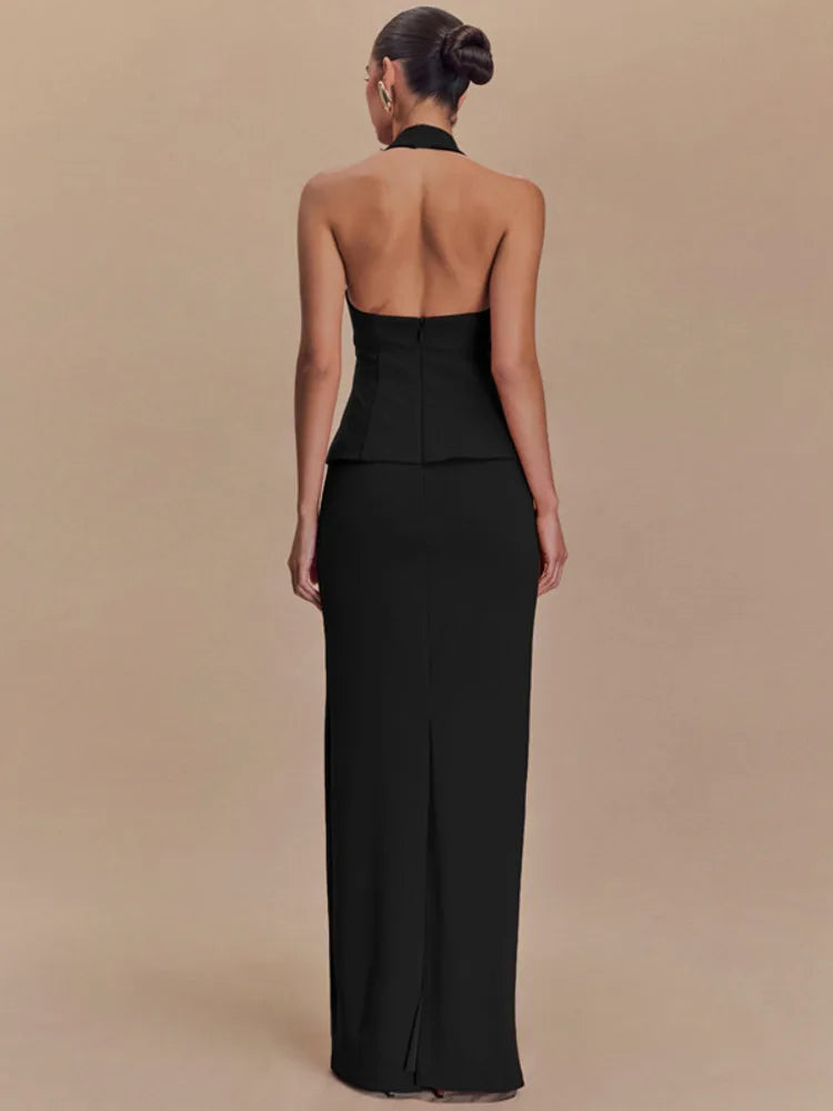 Chic Backless 2 Piece Set - Square Collar & Long Skirt.