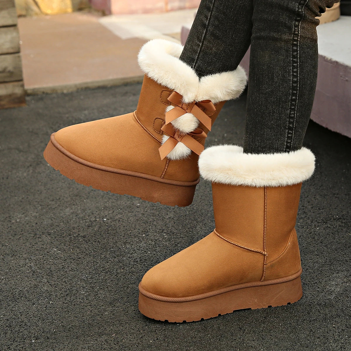 Chic Winter Mid-Calf Bow Knot Boots for Women.