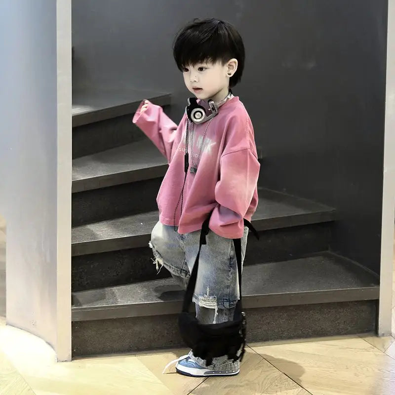 2-Piece Pink Gradient Shirt & Denim Pants Set for Boys