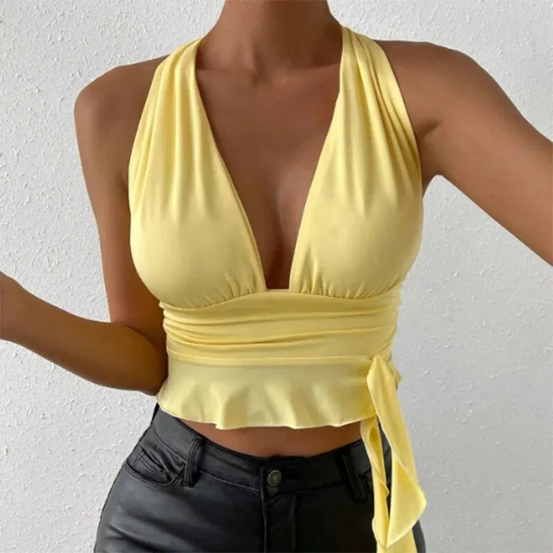 Trendy Deep V-Neck Pleated Bodysuit for Women.