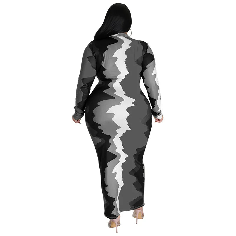 Plus Size Trendy Printed Lapel Maxi Dress.