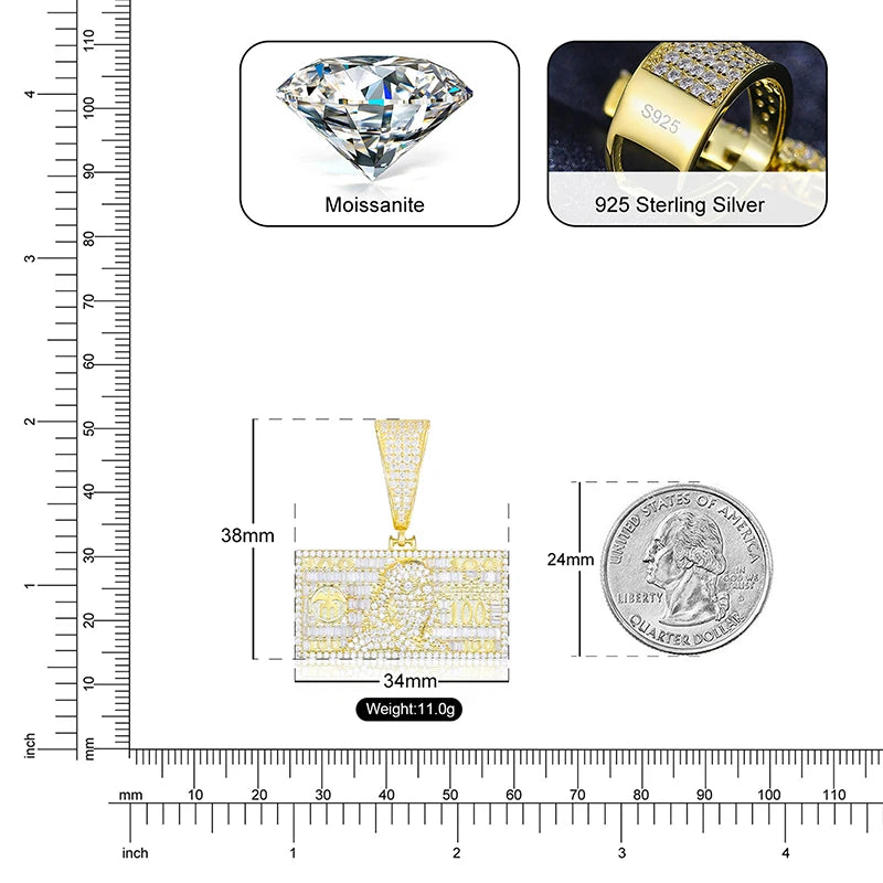 Iced-Out 925 Sterling Moissanite Dollar Bill Pendant.