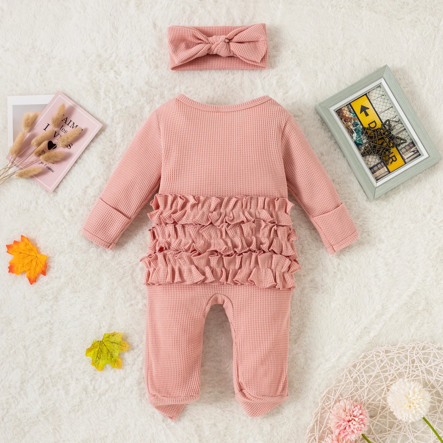 Soft Cotton Ruffle Newborn Baby Romper with Headband