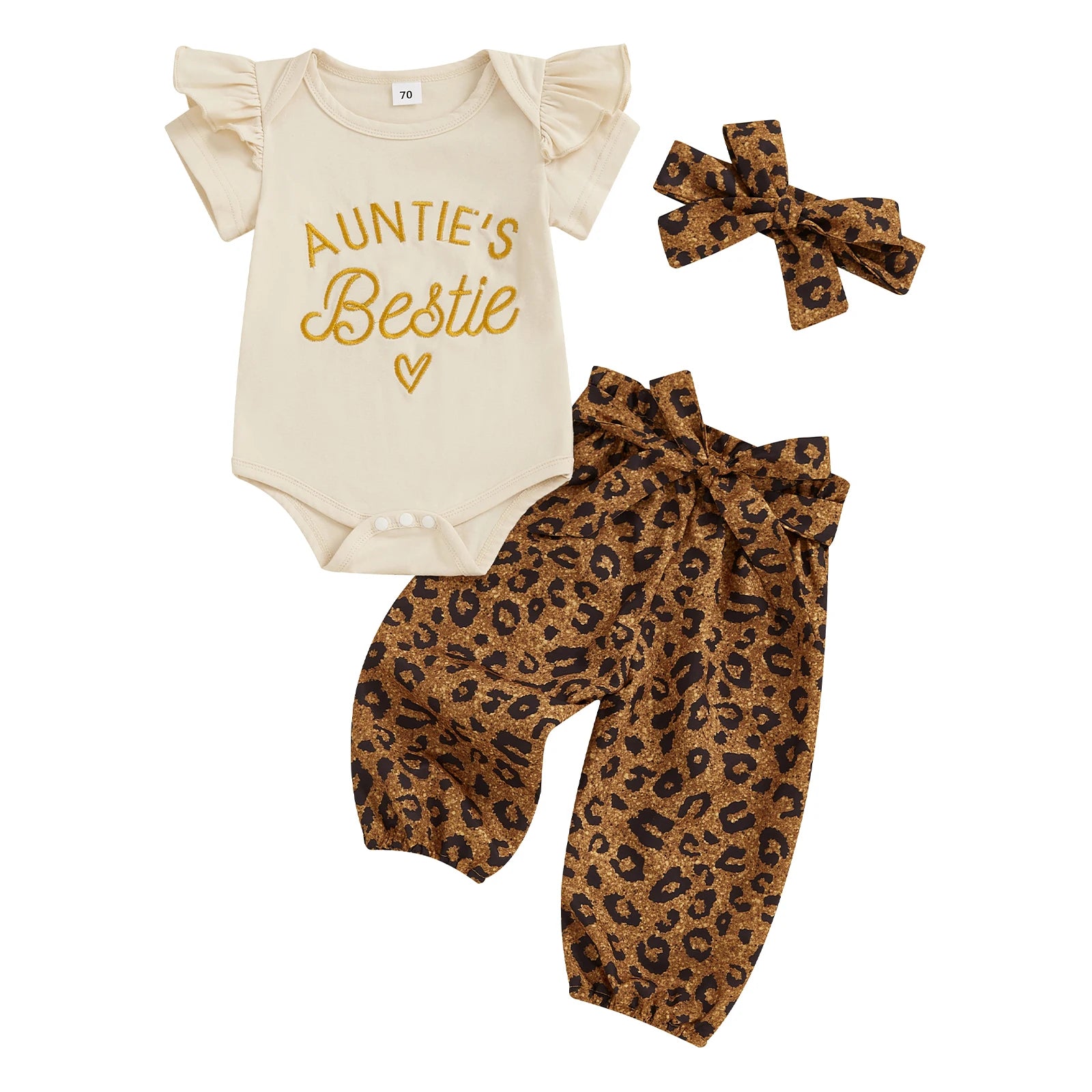 Summer New Baby Girls Clothing Set Two Pieces Toddler Outfits Short Sleeve Letter Print Romper with Leopard Pants Headband Suit.