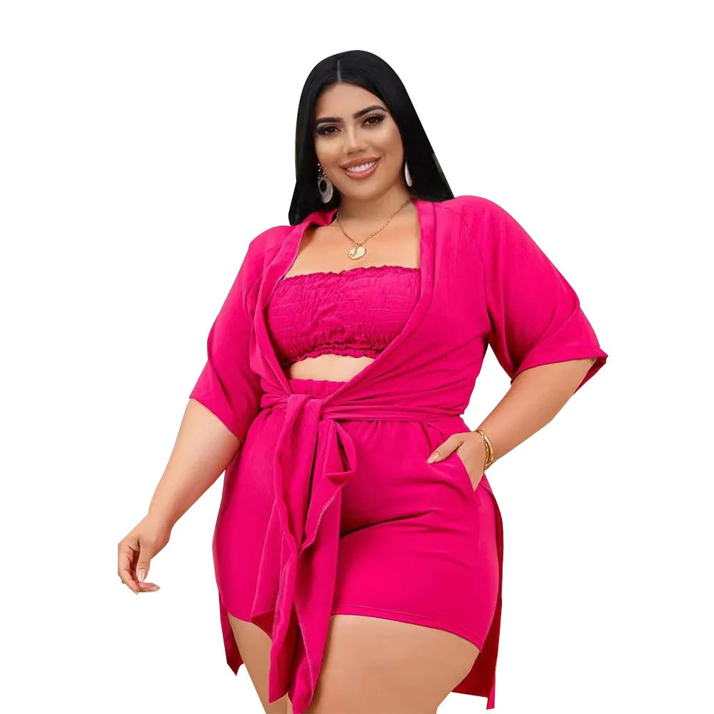 2025 Trendy Plus Size Lace Up Summer Outfit - Chic 3 Piece Set