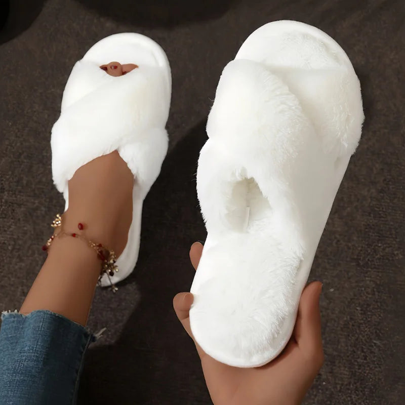 Women’s Fashion Cross Strap Faux Fur Slippers