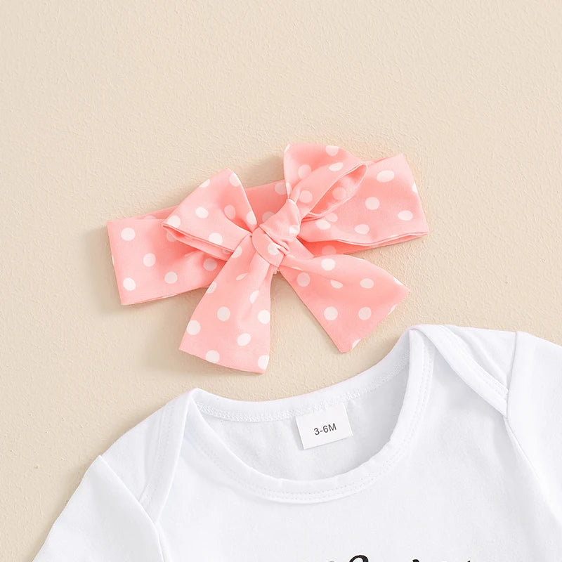 Little Baby Girls Summer Outfits 3PCS Cute Lovely Kids Clothes Letter Print Short Sleeve Romper Dot Print Shorts Headband Suits.