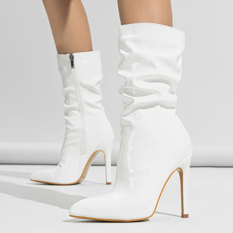 Chic Patent Leather Pleat Ankle Boots for Women.