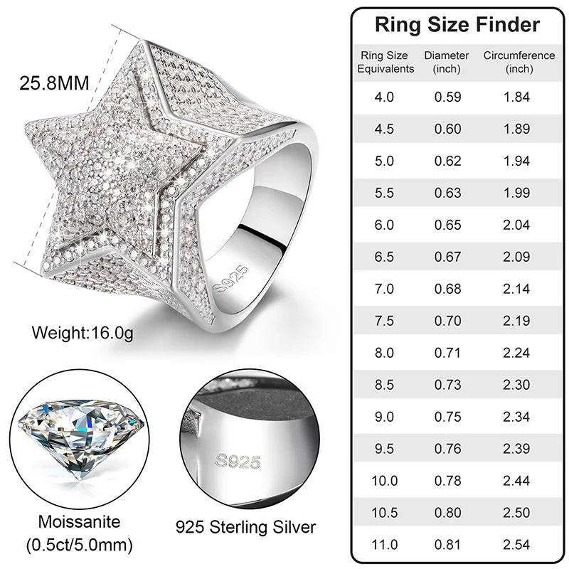 S925 Moissanite Five Star Men's Ring - Luxury Jewelry.