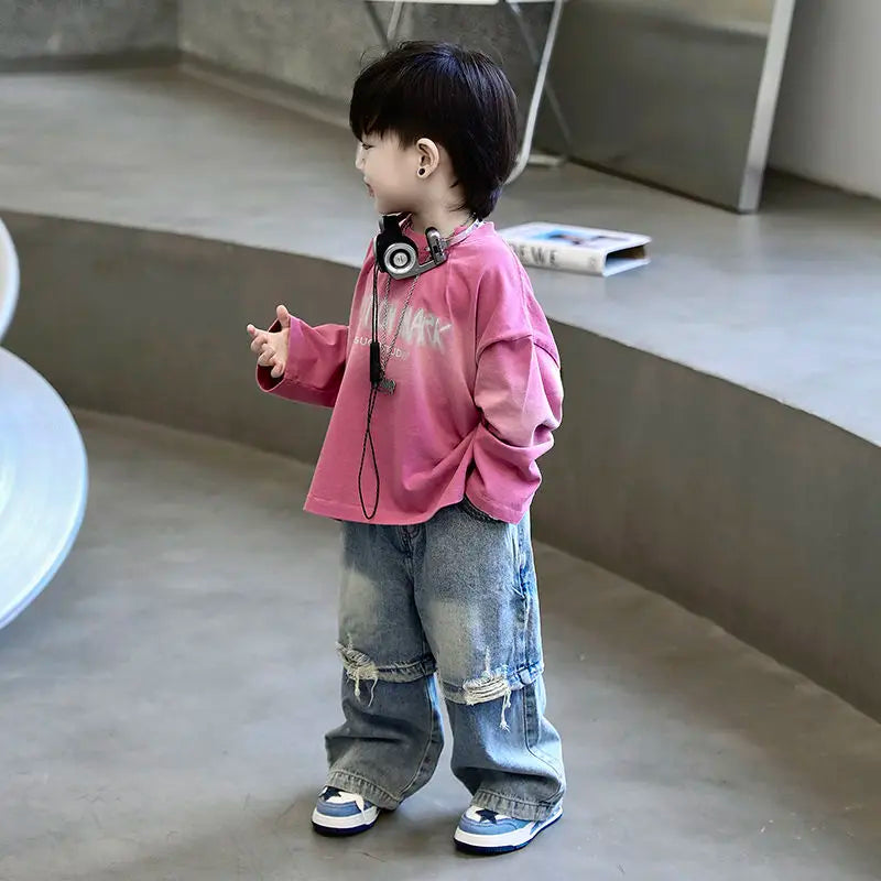 2-Piece Pink Gradient Shirt & Denim Pants Set for Boys