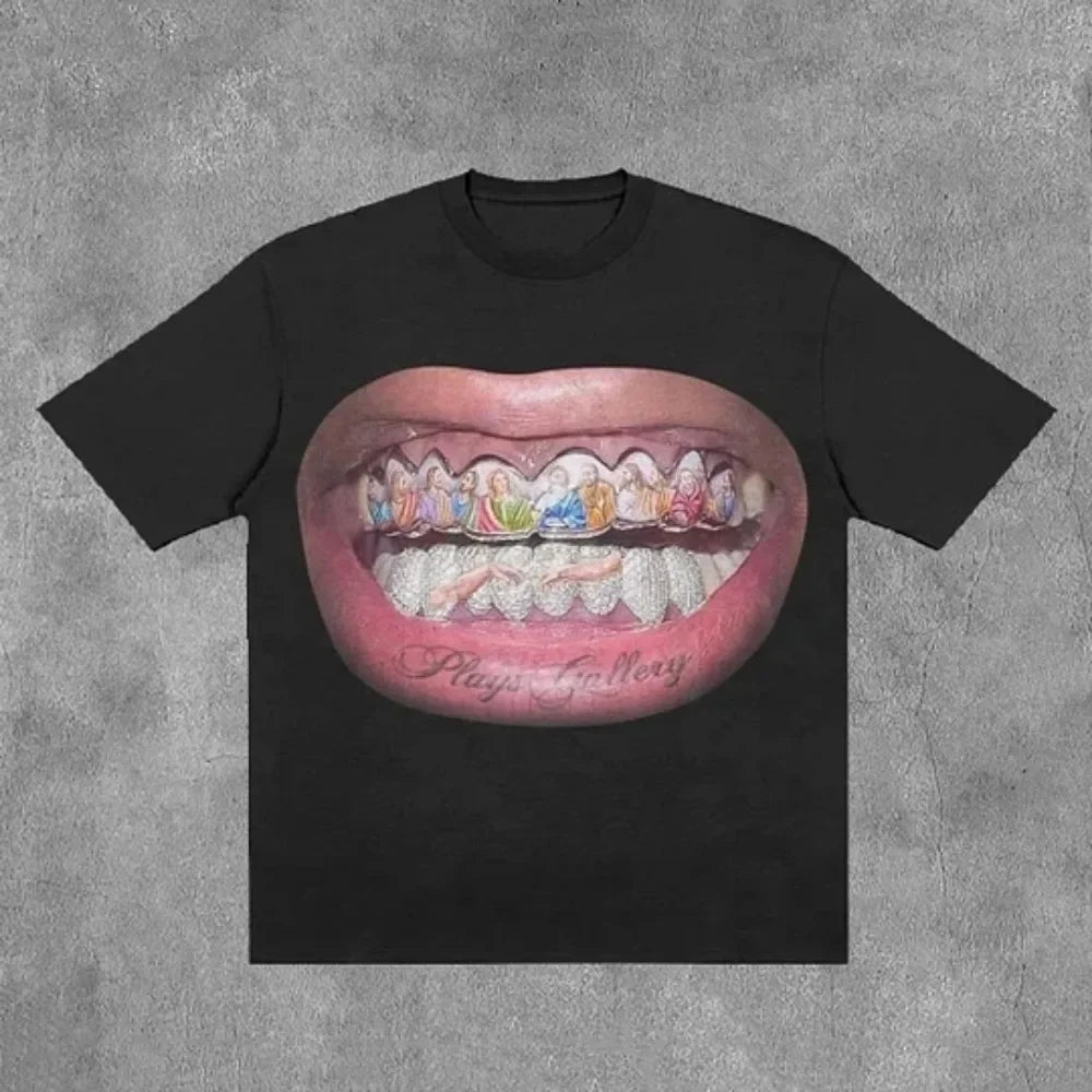 Y2K Hip Hop Teeth Graphic Print Oversized T-Shirt - Black