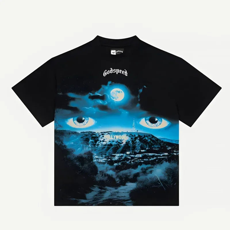 GOD SPEED Eye Moon Print Cotton Tee for Summer