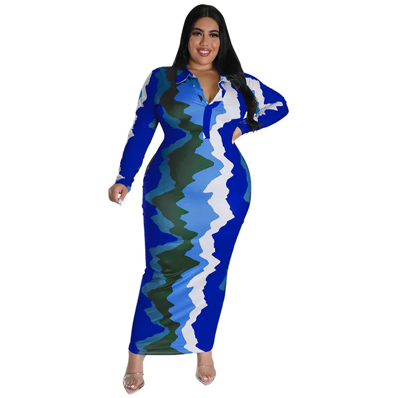 Plus Size Trendy Printed Lapel Maxi Dress.