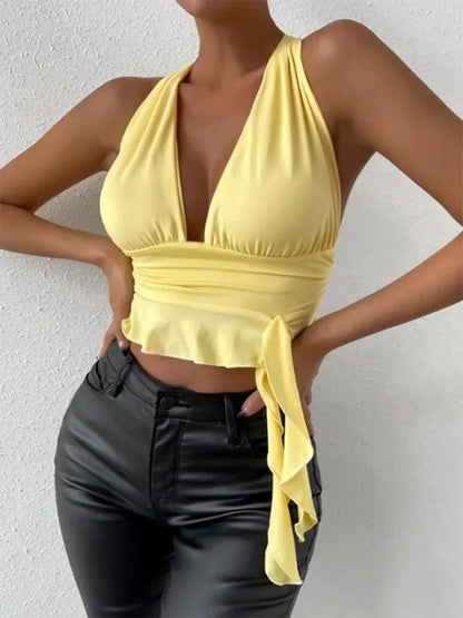 Trendy Deep V-Neck Pleated Bodysuit for Women.