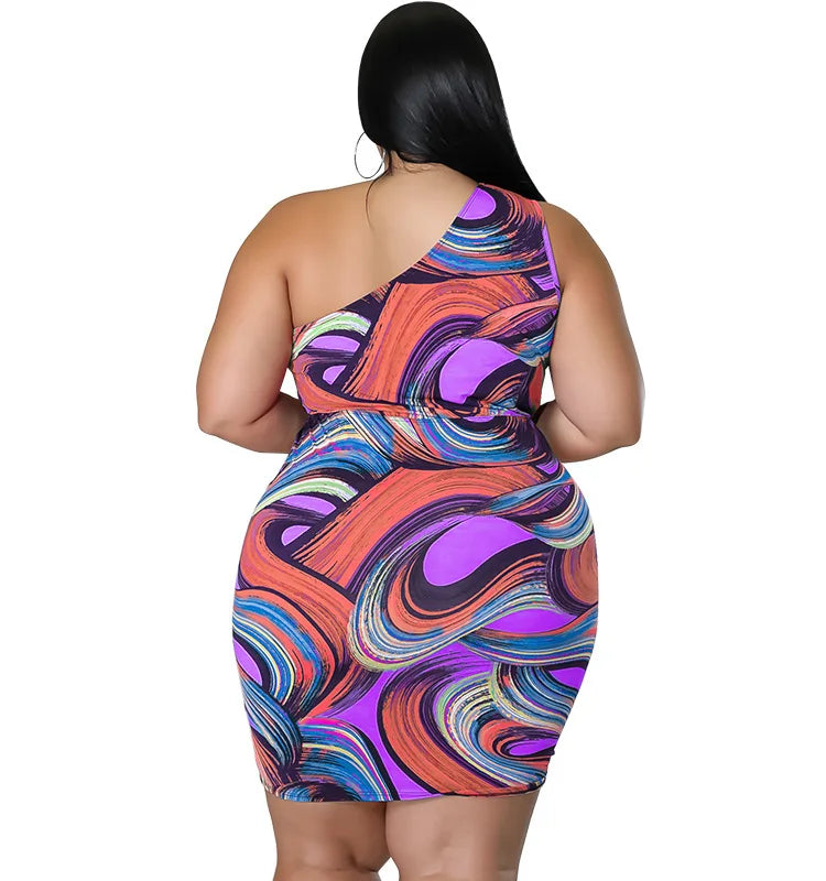 Sexy Plus Size Women Dresses Single Shoulder Hollow Out Mini Dress Drawstring Pleated Fashion Printed.