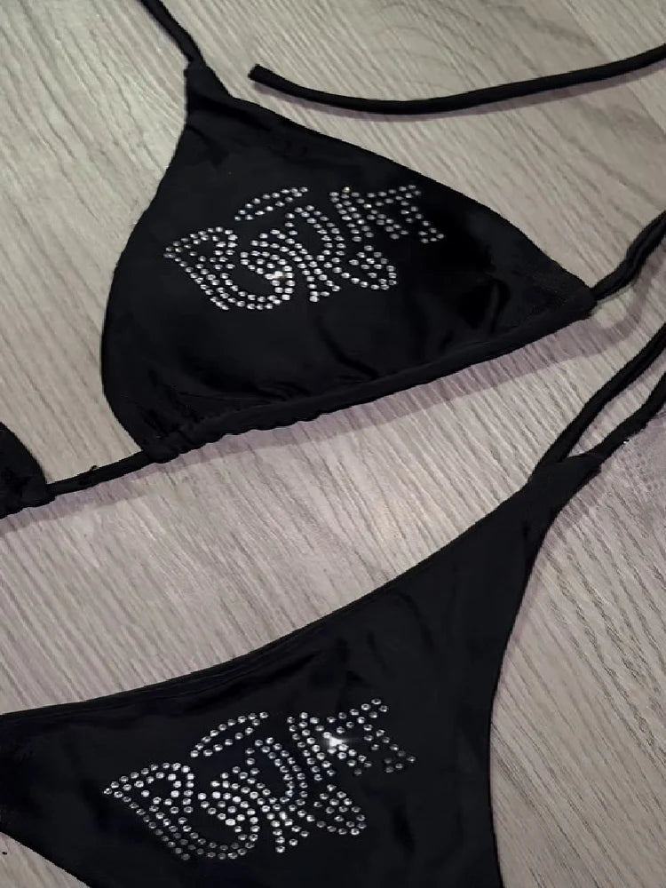 Y2K Punk Grunge Beach Swimsuit Bikini with Rhinestones.