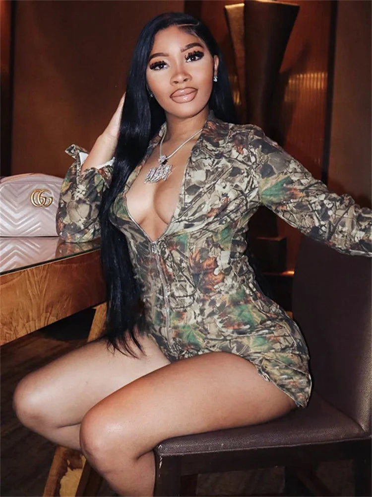 Trendy Camouflage Print Long Sleeve Playsuit.