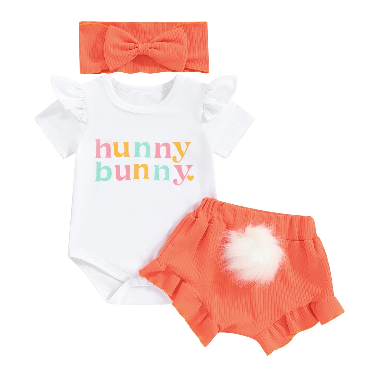 3PCS Baby Girls Easter Outfits Summer Kids Clothing Set Short Sleeve Romper 3D Tail Shorts Headband Toddler Set Infant Clothes.