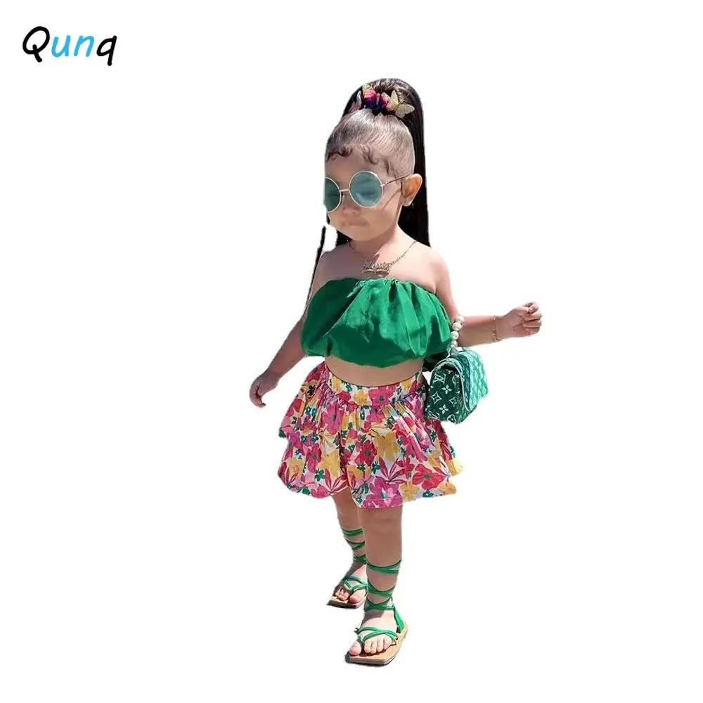 2025 Spring Summer Girls Floral Crop Top & Shorts Set 3T-8T