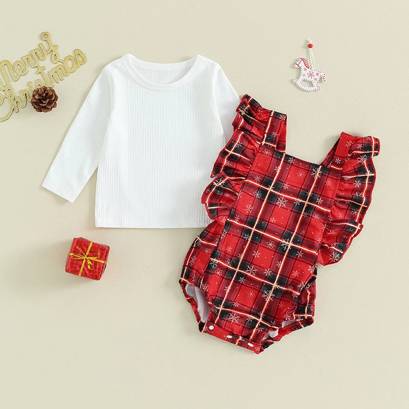 Lovely Newborn Baby Girls Clothes Cute 2Pcs Christmas Outfits For Kids Sleeveless Ruffle Romper Long Sleeve Tops Set For Infant.