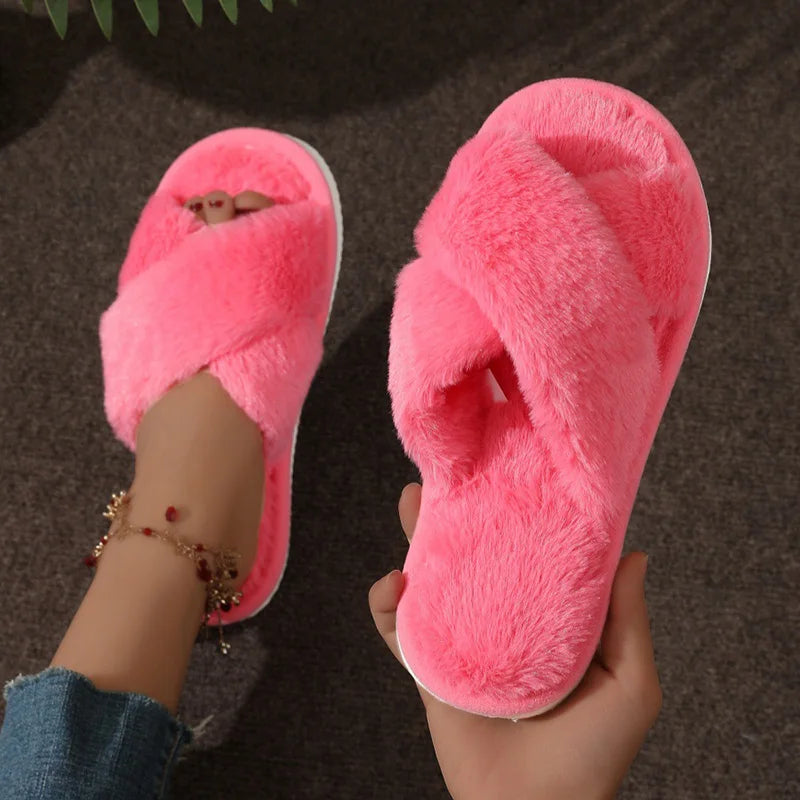 Women’s Fashion Cross Strap Faux Fur Slippers