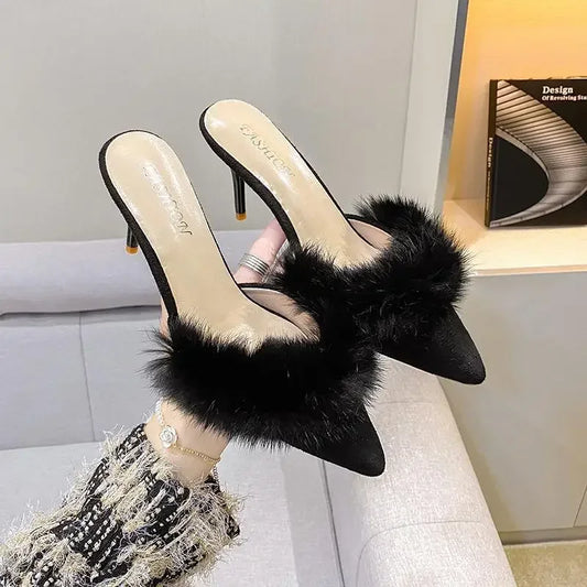 Women's Plush Pointed Toe High Heels Winter Mules Slippers