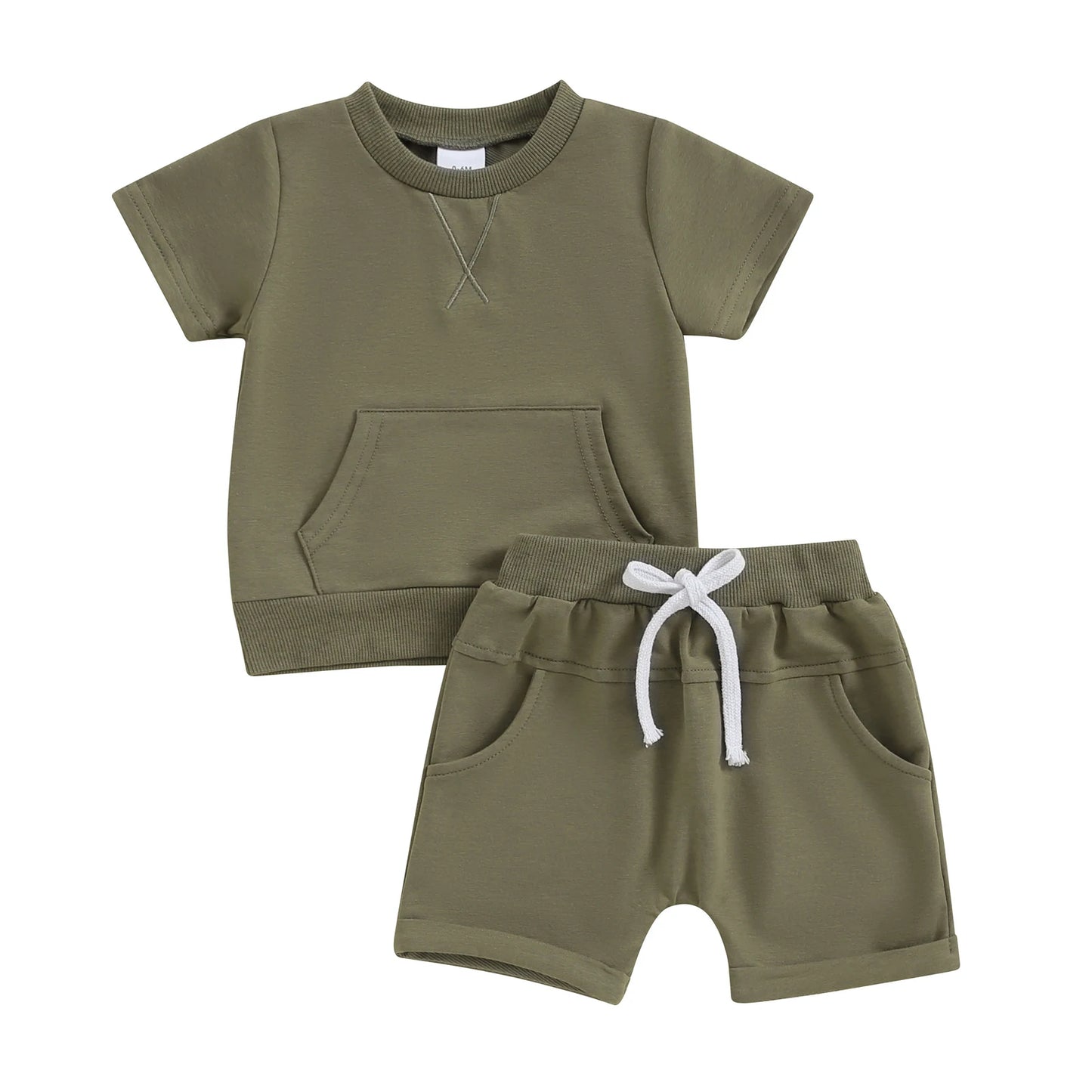 Summer Casual Kids Outfits Baby Boys Clothing Set Solid Color Short Sleeve Pocket T-shirt with Shorts 2PCS Toddler Infant Suit.